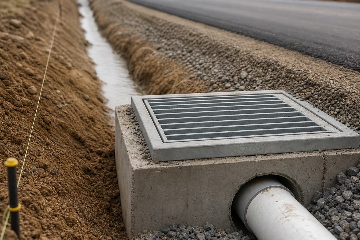 Road drainage contractor setting a grated pit and table drain beside a compacted NSW access road shoulder