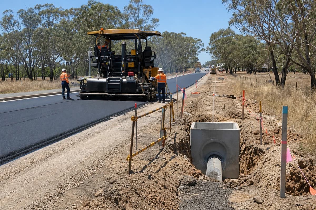 Asphalt works NSW paver beside an open stormwater pit trench on an Australian access road construction NSW corridor