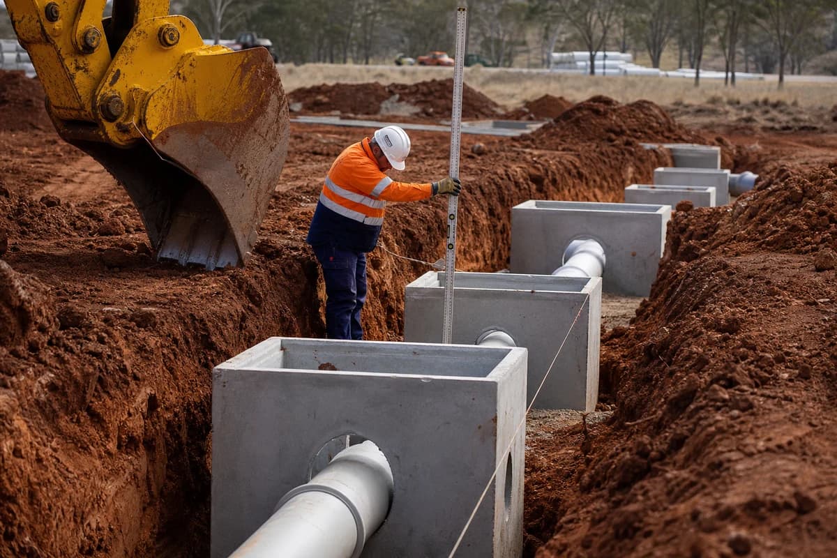 Drainage contractor Badgerys Creek installing concrete pits and stormwater pipe in red-brown clay trench at Bradfield Western Sydney NSW