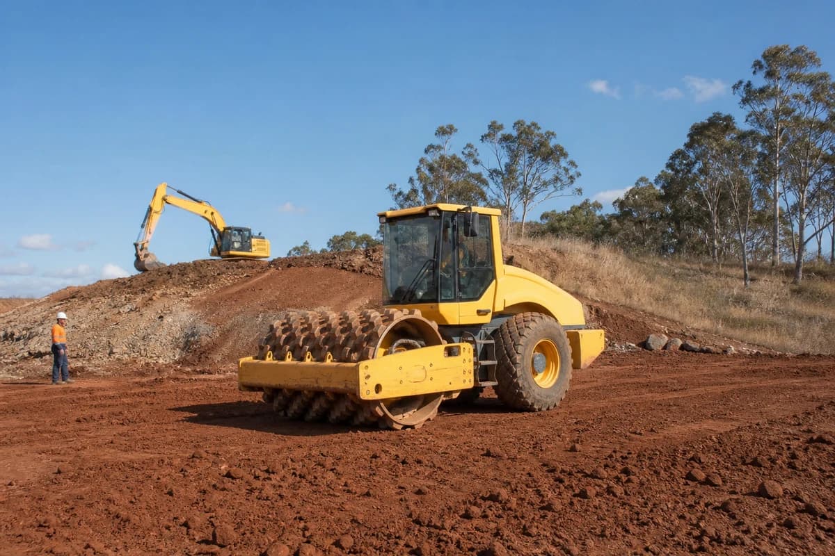 Earthworks Badgerys Creek yellow sheepfoot roller compacting red-brown Cumberland Plain clay on a Western Sydney NSW industrial pad