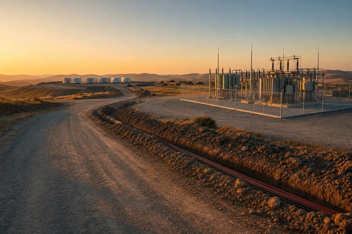 Renewable access roads and grid connection civil works toward a fenced compound beside a BESS hardstand