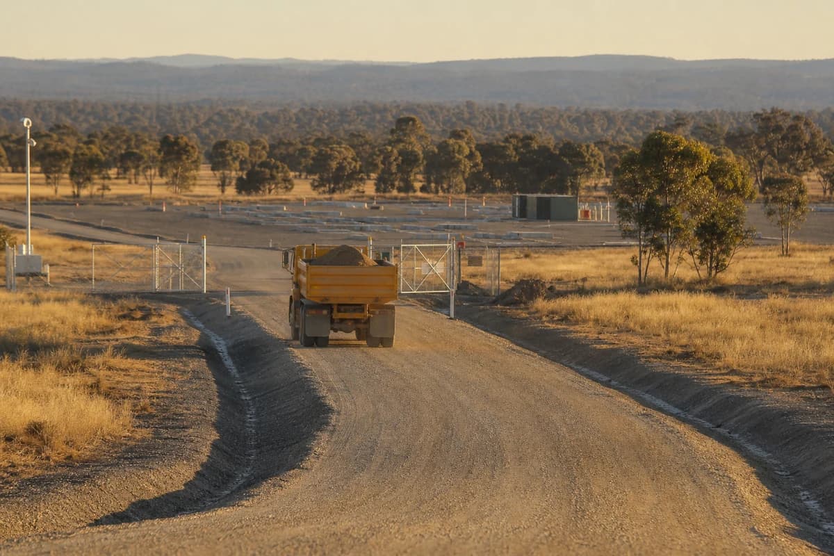 Renewable access roads leading to a NSW BESS hardstand compound with foundation pads ready for installation