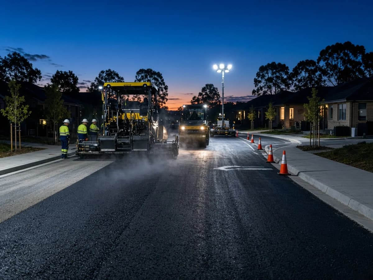 Illustrative asphalt paver and roller laying a new subdivision collector road at dusk in Oran Park, South West Sydney, NSW, Australia