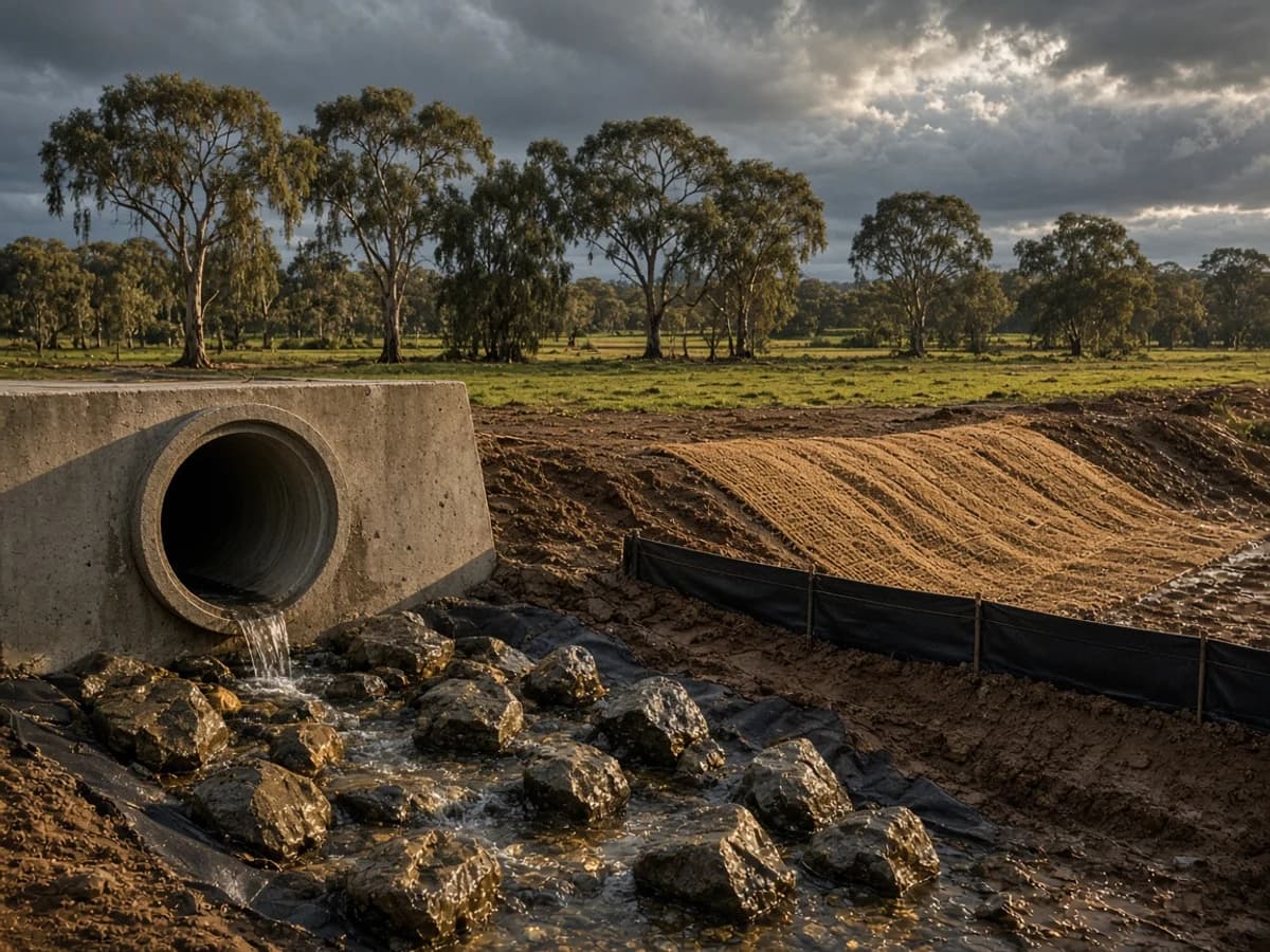 Illustrative stormwater outlet headwall and rock apron discharging into a detention basin on the Nepean River flats near Camden, NSW, Australia