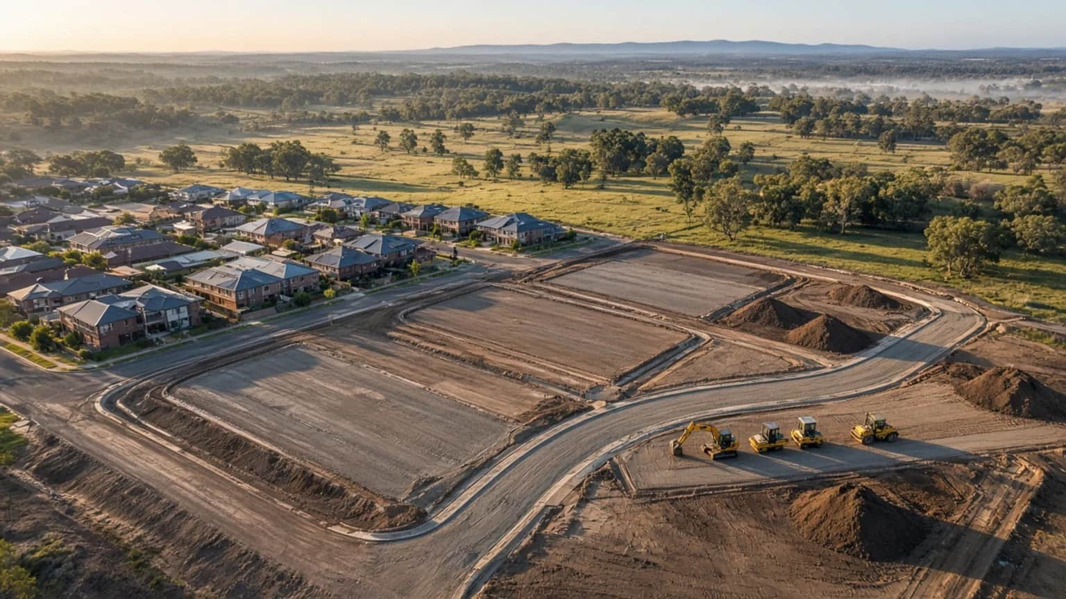 Illustrative aerial of Camden Oran Park civil works, with graded subdivision lot pads, new kerb lines, and eucalyptus pasture in South West Sydney, NSW, Australia