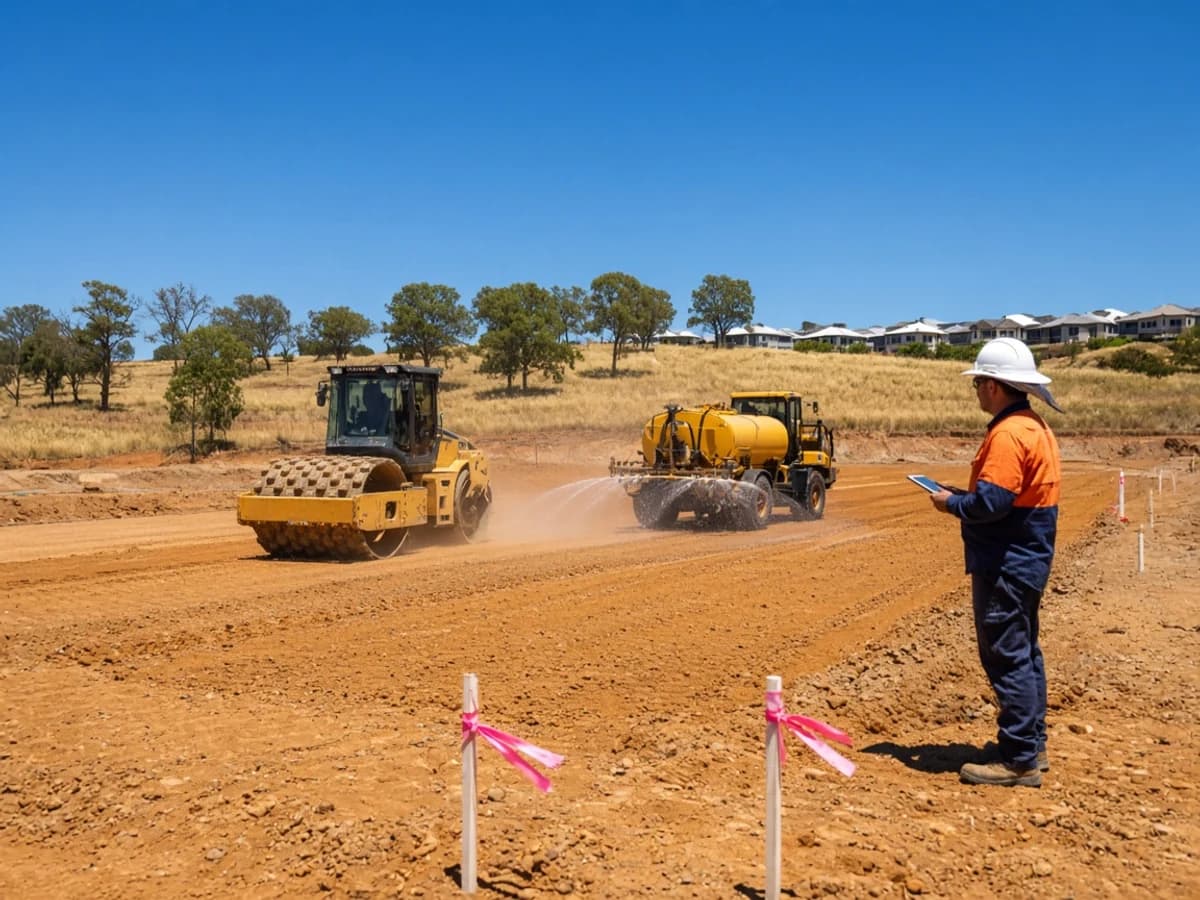 Illustrative padfoot roller and water cart compacting lot-release earthworks near Turner Road and Oran Park, South West Sydney, NSW, Australia