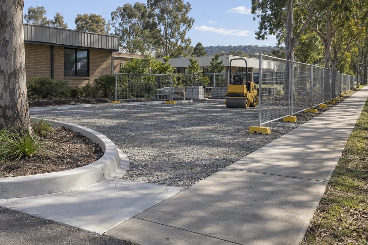 Illustrative fenced access upgrade beside an established Campbelltown business and eucalyptus-lined footpath in NSW, Australia