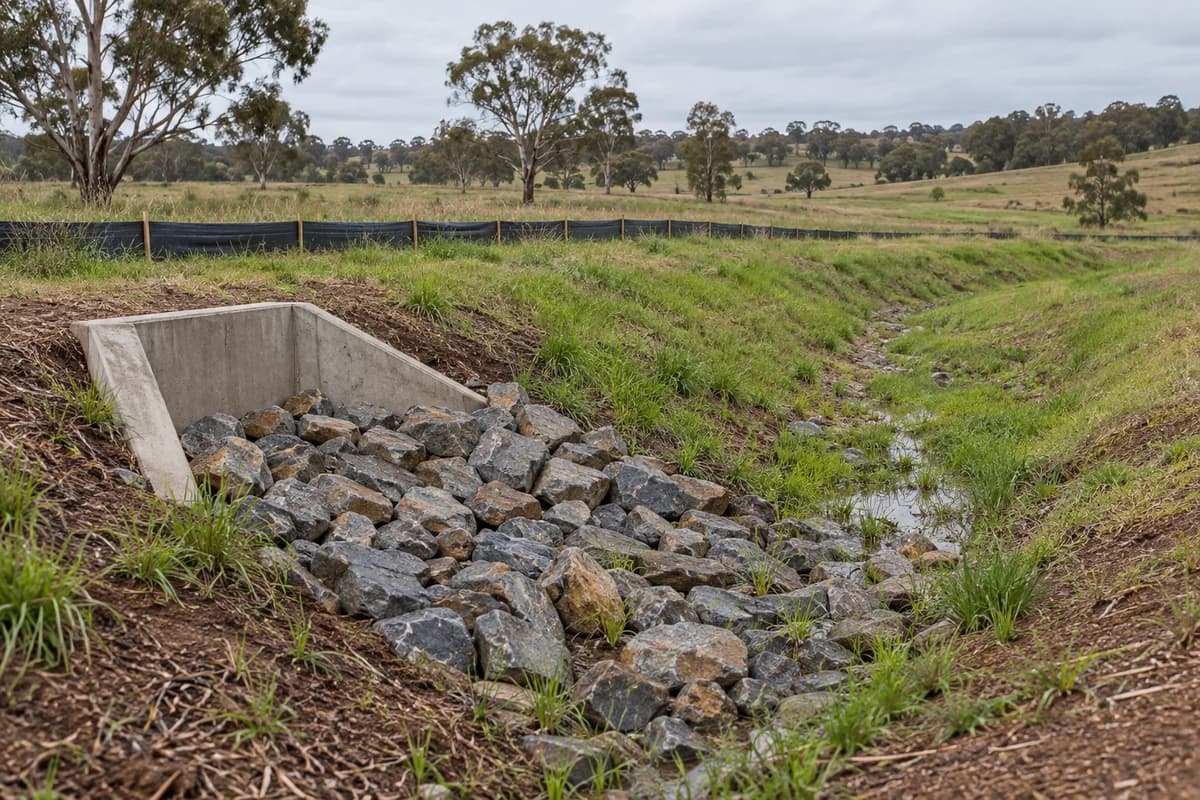 Illustrative stormwater headwall, rock protection, and grassed swale among Macarthur eucalypts near Campbelltown, NSW, Australia