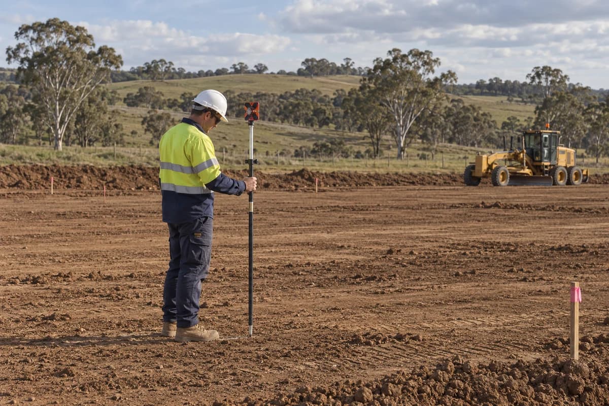 Illustrative surveyor checking earthworks levels beside a parked grader on a Campbelltown growth-edge site in Macarthur, NSW, Australia