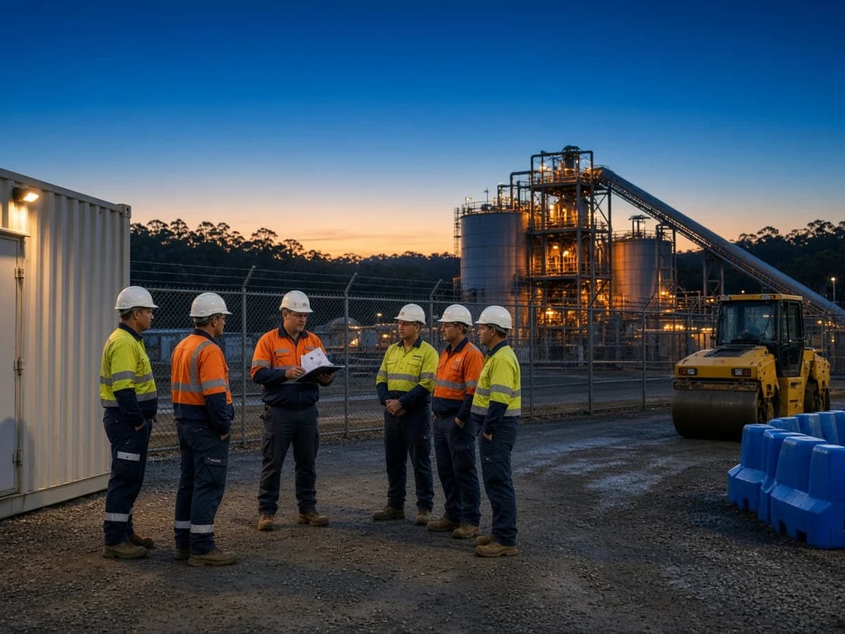 Illustrative dawn pre-start briefing for Australian civil workers beside a site office and an operating industrial plant in NSW