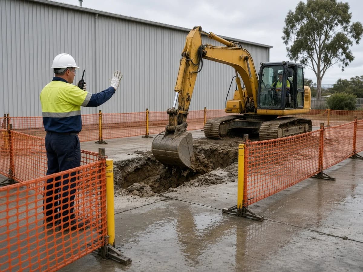 Illustrative spotter with a two-way radio outside an orange mesh exclusion fence around a working excavator on a wet NSW industrial hardstand