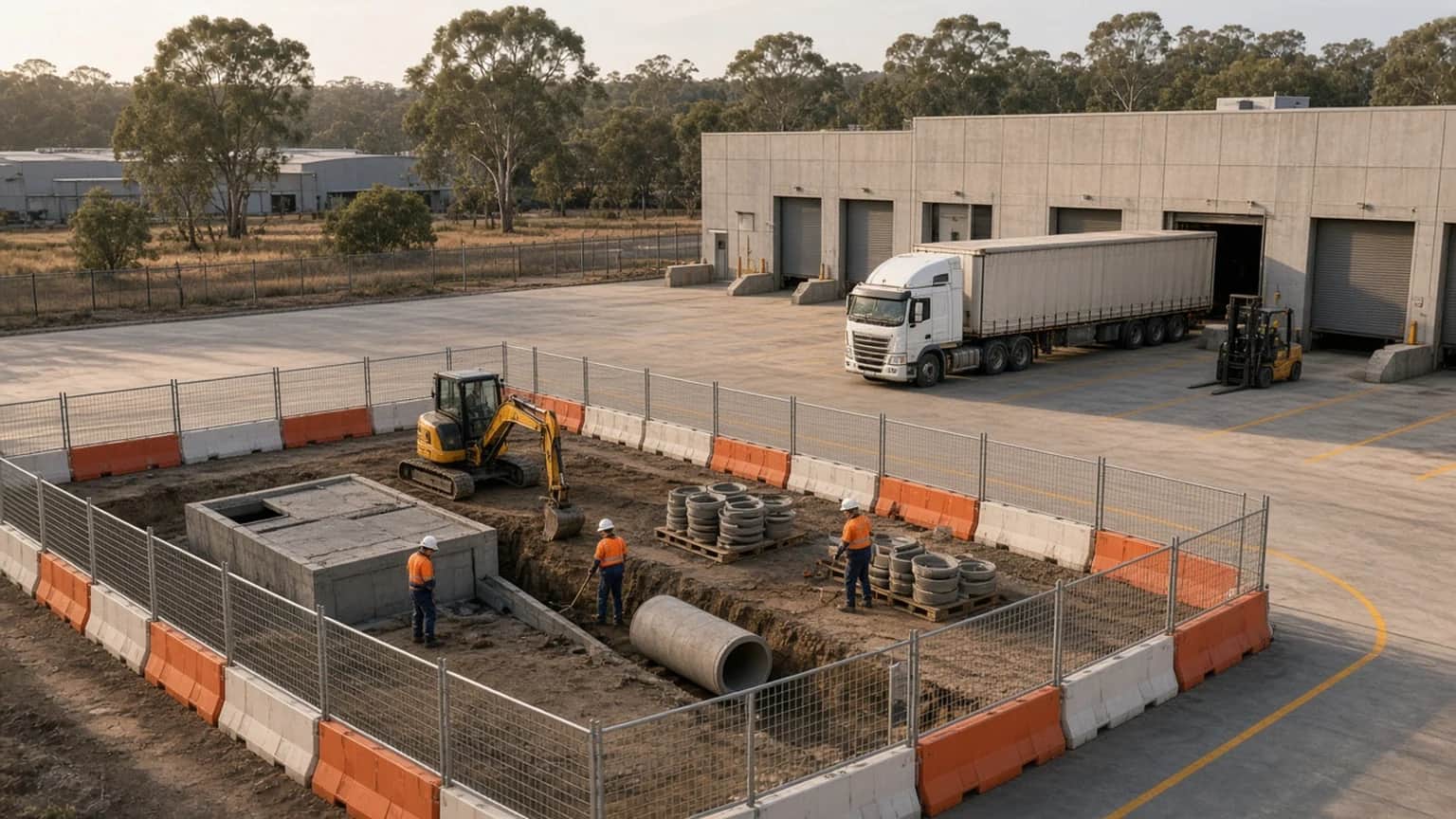 Illustrative fenced civil work zone with water-filled barriers beside an operating warehouse loading dock and eucalyptus trees in NSW, Australia