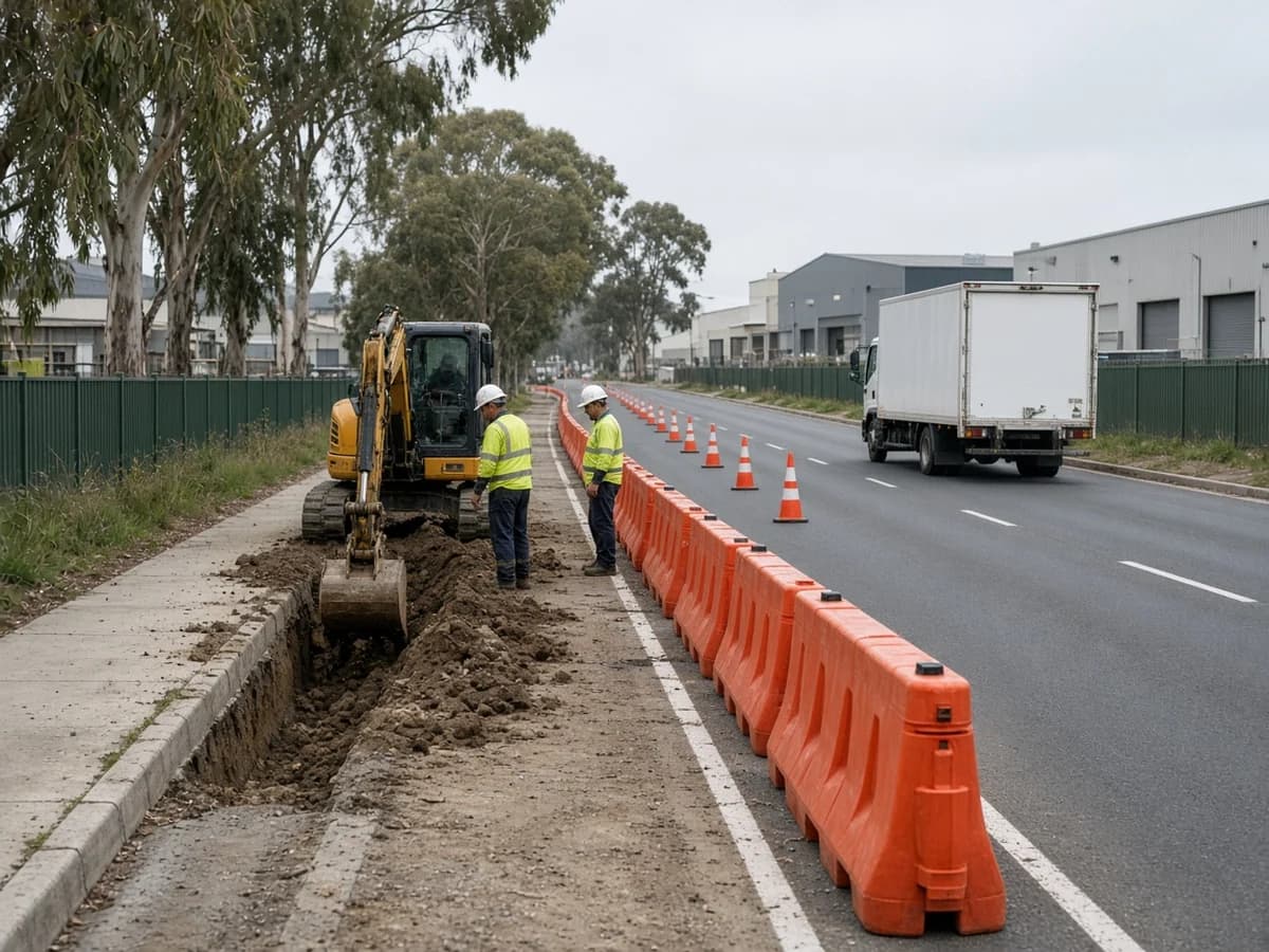 Illustrative civil construction safety controls on a live NSW industrial estate road, with water-filled barriers separating a kerbside trench from passing trucks
