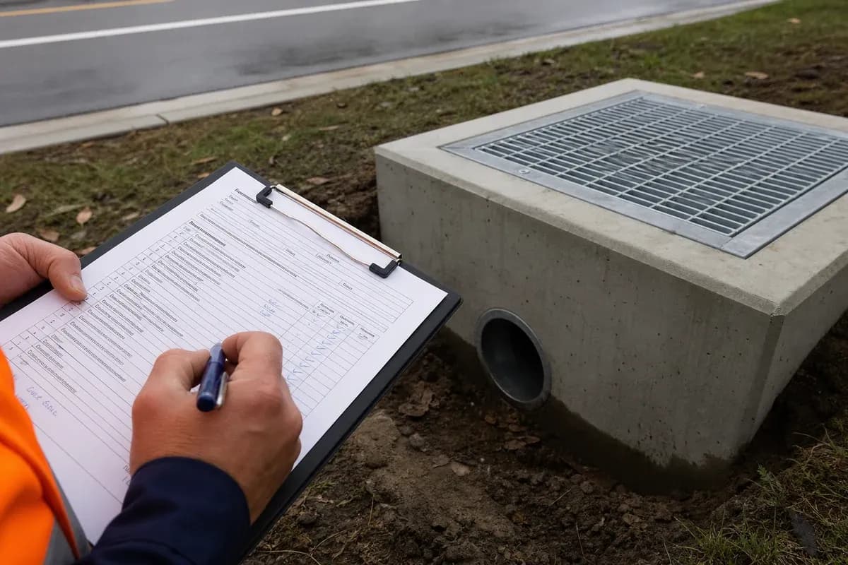 Civil handover documentation checklist beside a stormwater pit on a NSW council civil works verge