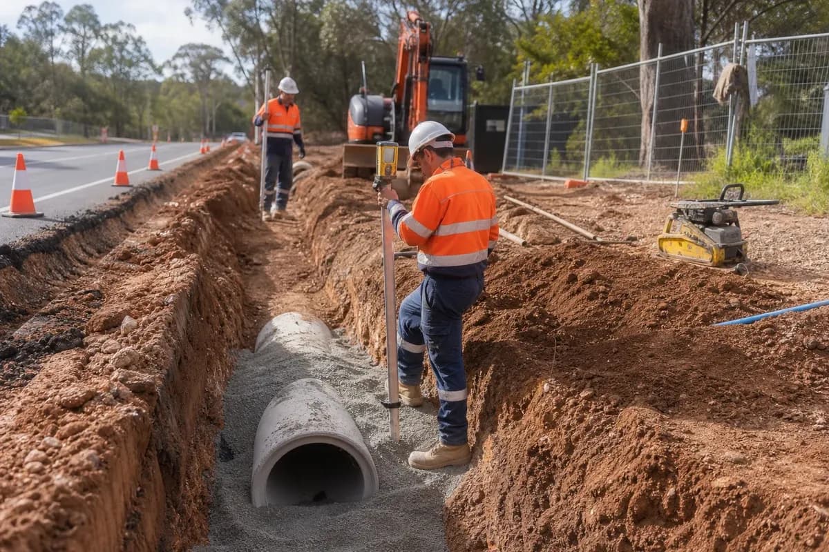 Civil contractor for councils NSW drainage trench and stormwater pipe bedding beside a local NSW road verge