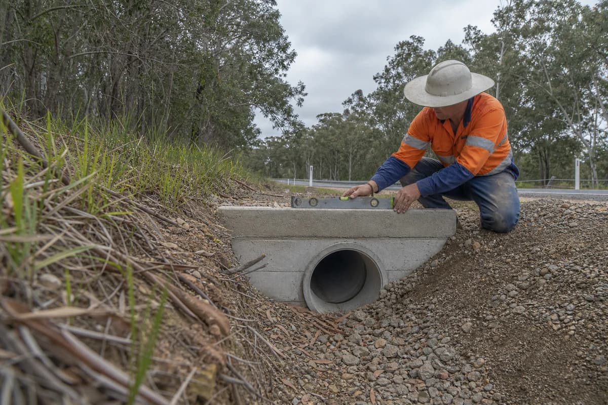 Drainage contractor Shoalhaven Nowra checking a concrete culvert outlet beside a eucalyptus-lined regional NSW road