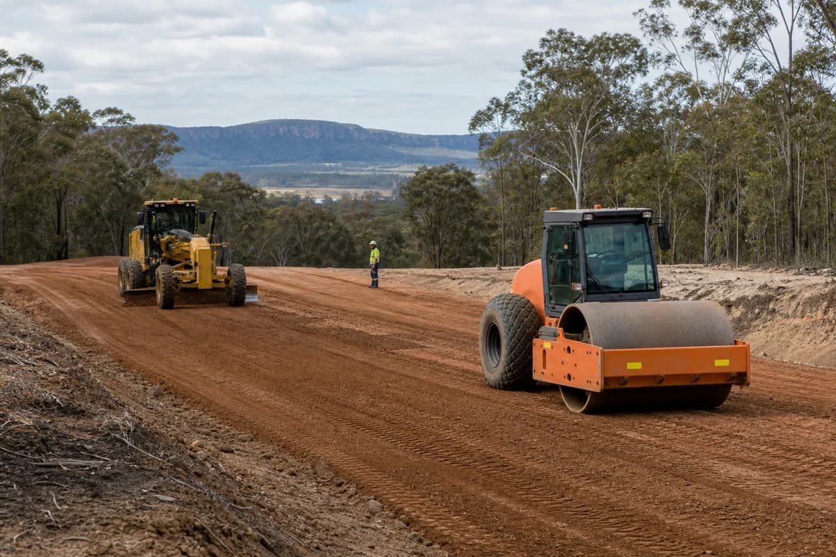 Earthworks Shoalhaven Nowra grader and roller forming a regional access corridor below the NSW coastal escarpment
