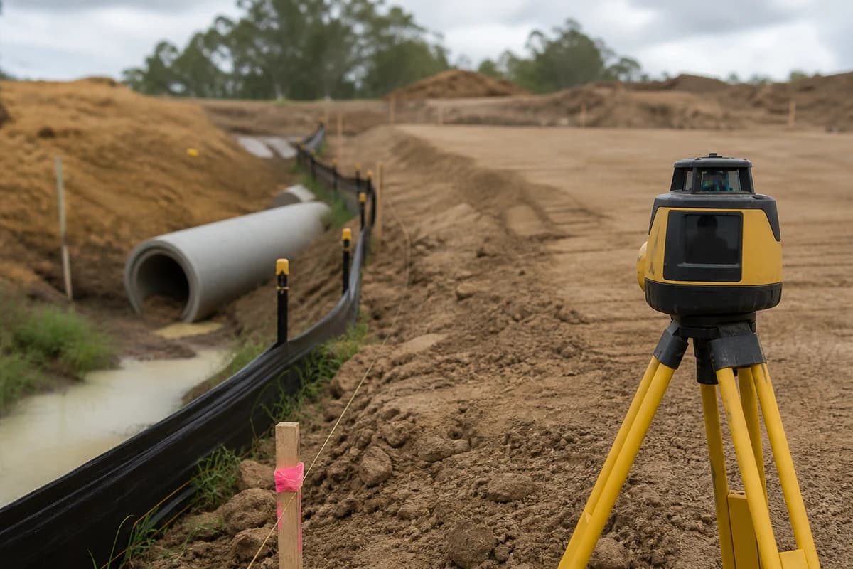 Site preparation pad with laser level, sediment fence, and temporary drainage pipe in soft overcast light