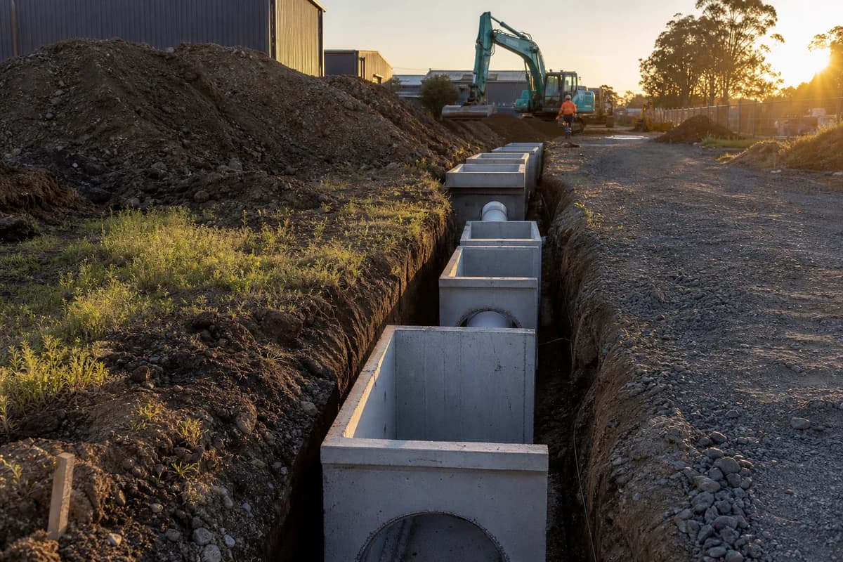 Civil contractor Yallah Shellharbour drainage trench and pits beside a forming access track in late afternoon light