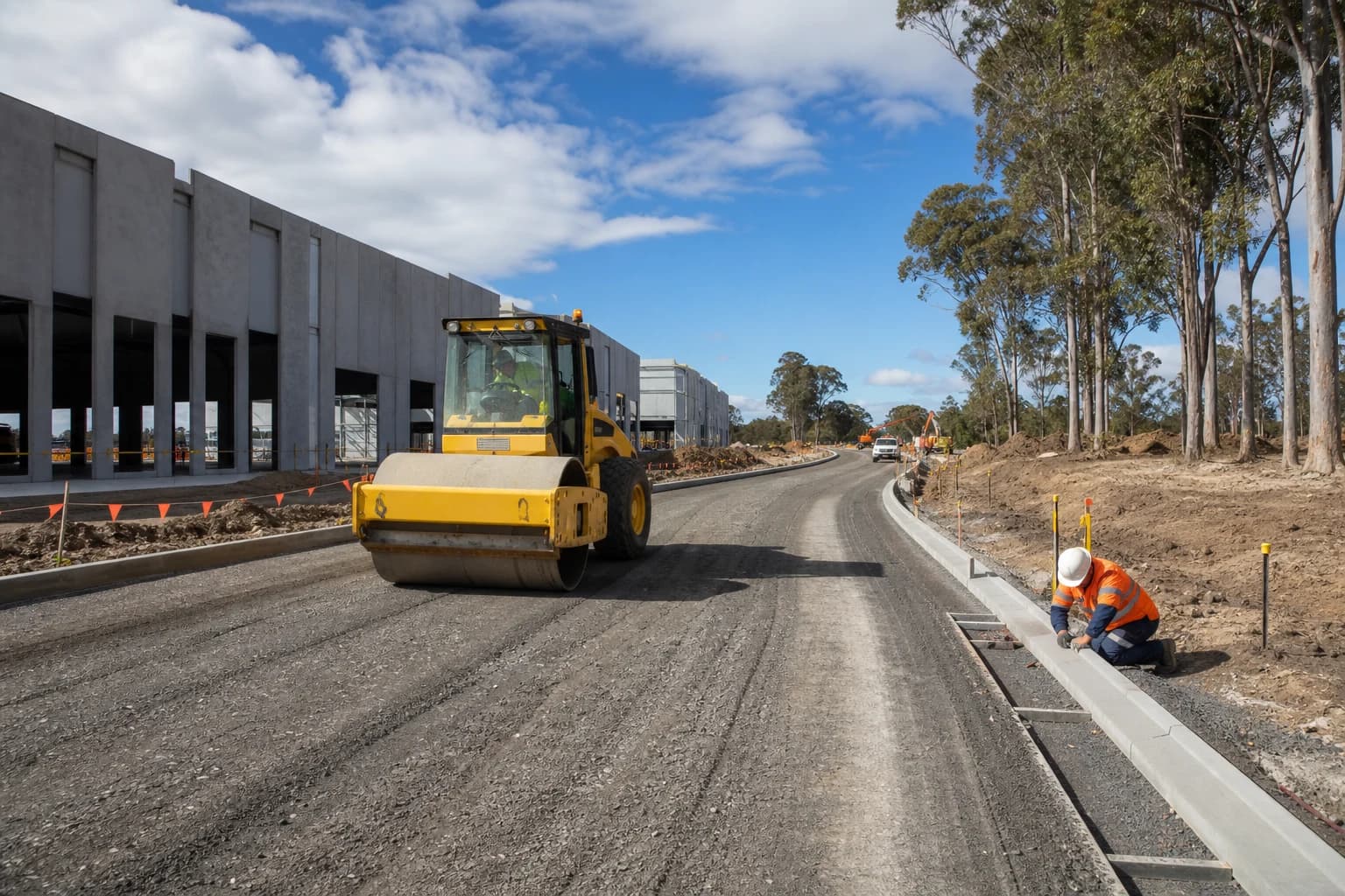 Roadworks Greater Sydney site access road with roller beside industrial warehouses under construction in NSW