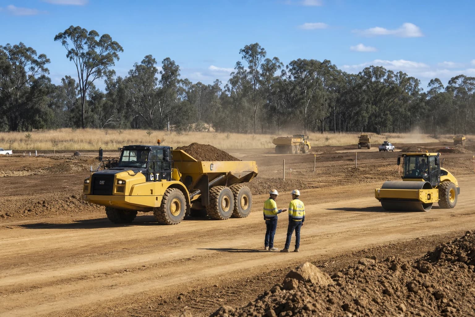 Earthworks Greater Sydney industrial pad with yellow dump trucks and roller under Australian sky in Western Sydney NSW
