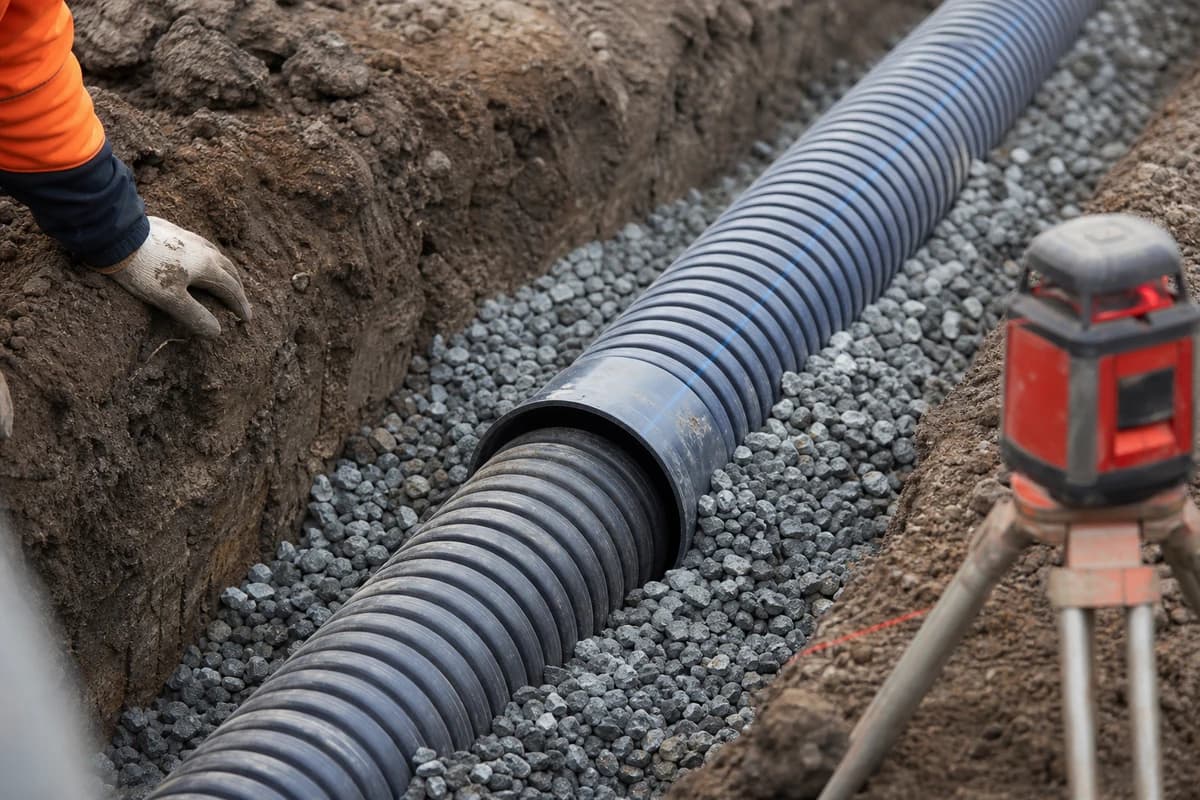 Drainage contractor Illawarra trench with stormwater pipe bedded in gravel during civil works