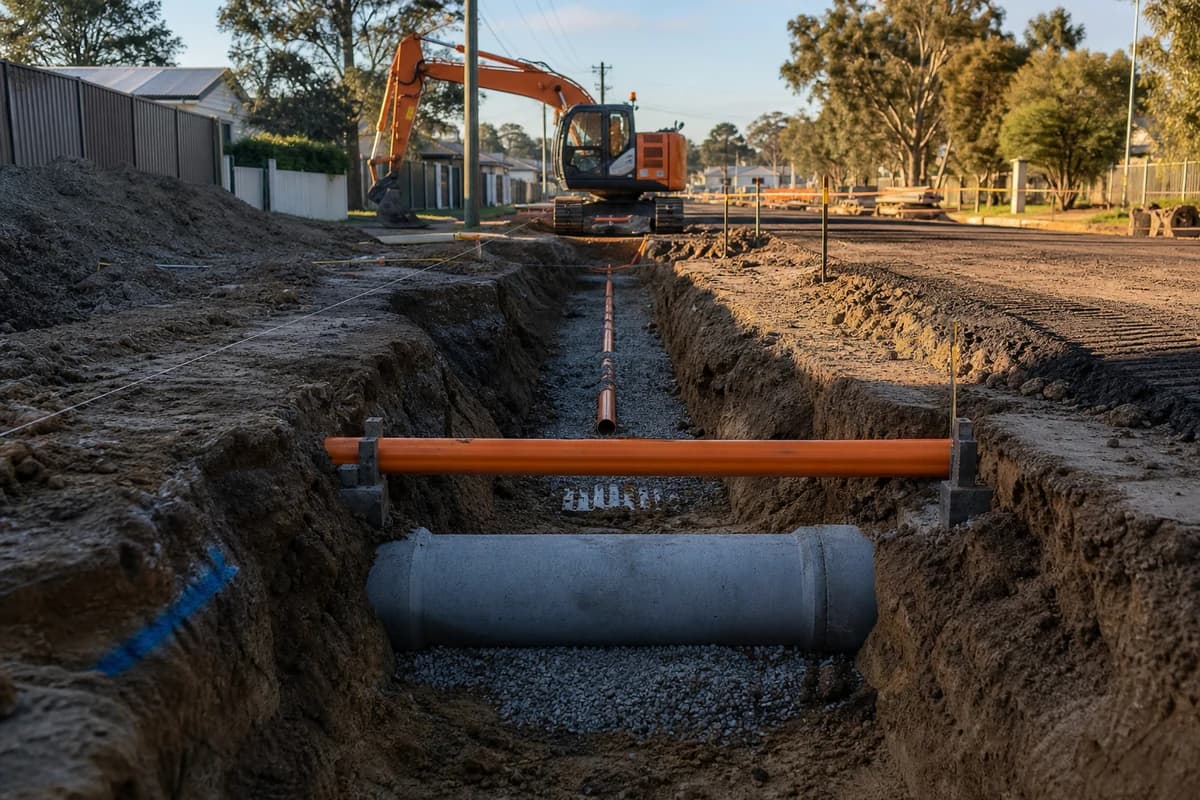 Drainage and utilities NSW trench with conduit and stormwater pipe across a compacted corridor