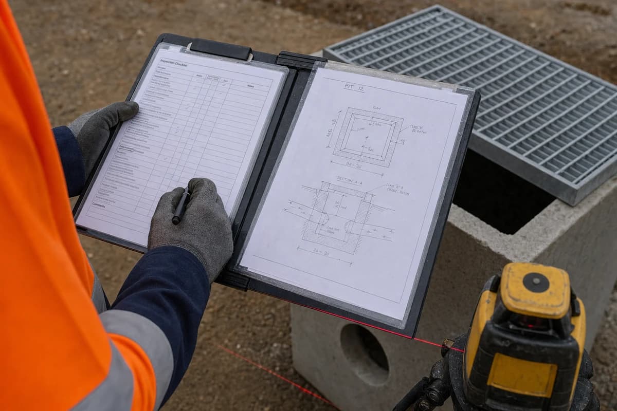 Civil handover documentation checklist and as-built notes beside a stormwater pit on a NSW construction site