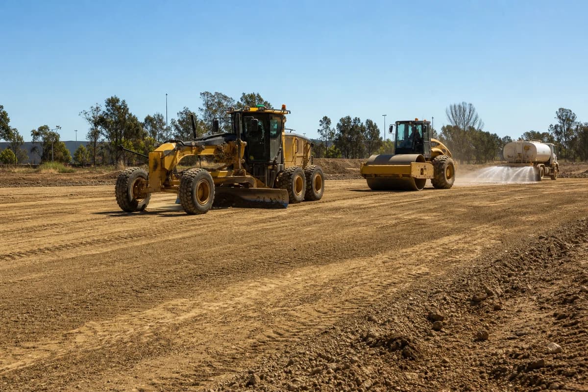 Civil infrastructure contractor NSW site preparation with grader and roller compacting a construction pad