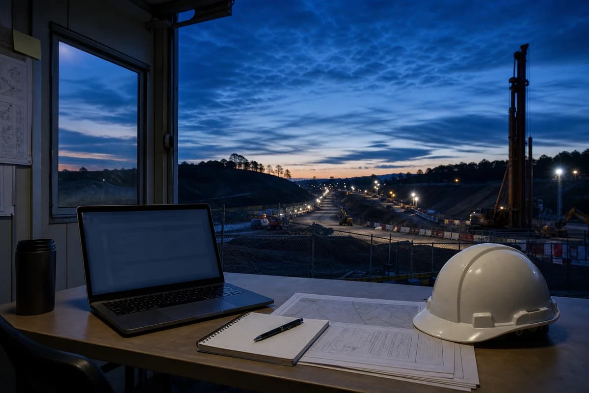 Laptop and hard hat on a site office table at dusk preparing a civil procurement NSW inquiry