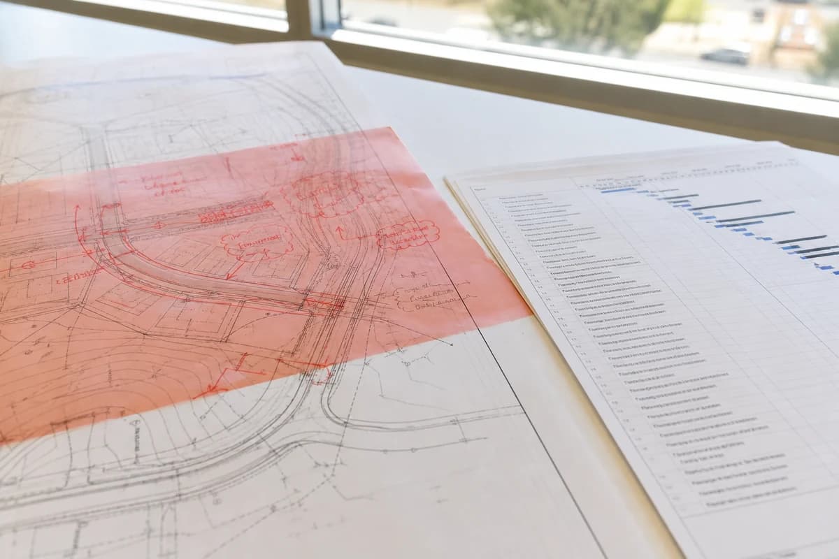 Civil project inquiry checklist documents: marked-up civil layout and programme printout on a desk
