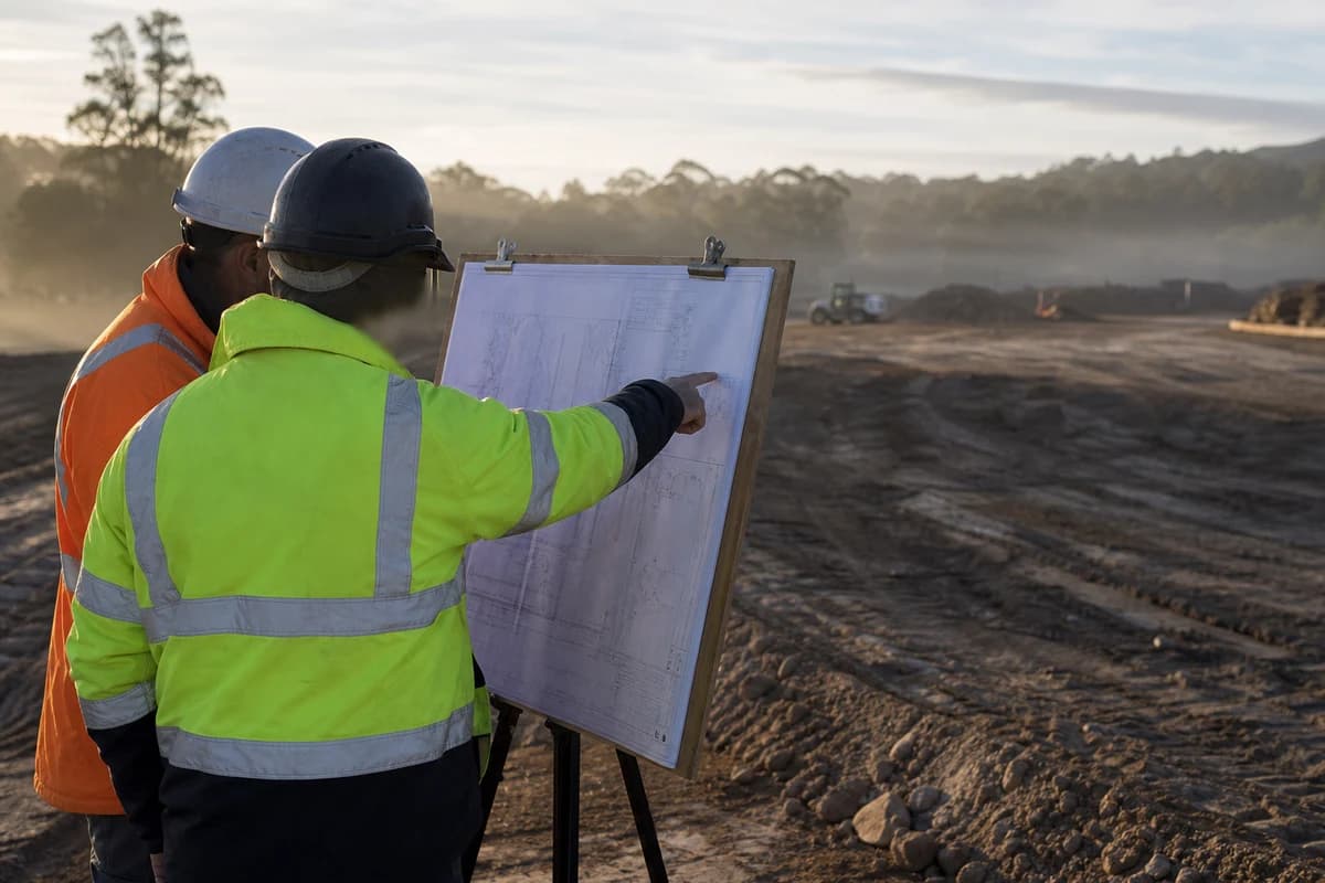 Site walk reviewing civil drawings at the edge of a graded NSW pad during a cool morning