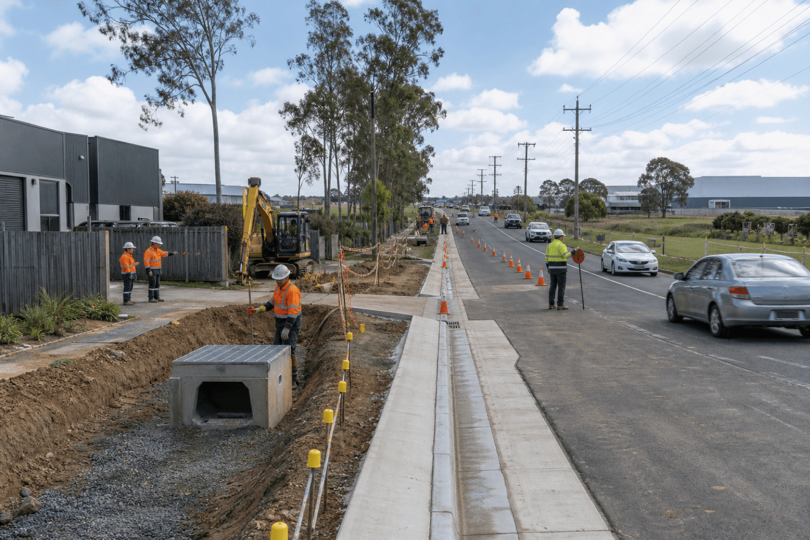 NSW civil authority interface at a public road edge with traffic staging and drainage works