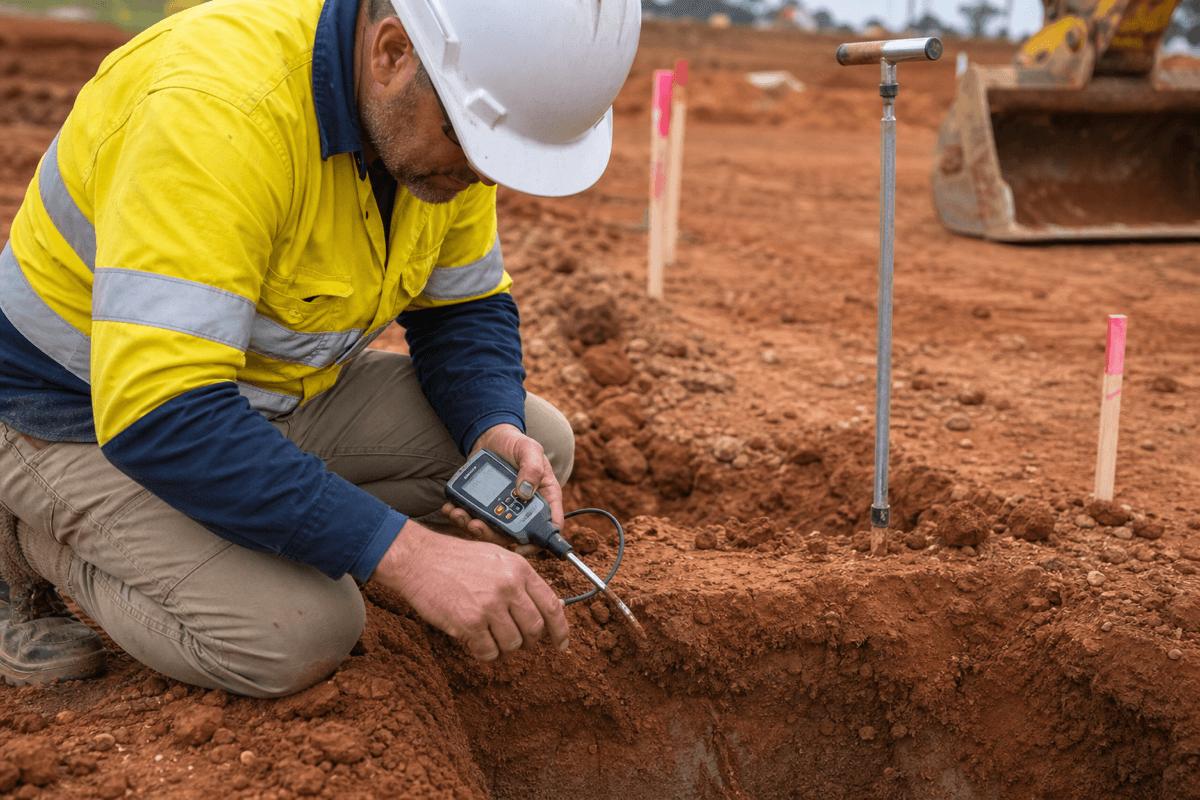 Ground conditions inspection at a test pit on red-brown NSW civil subgrade with survey stakes