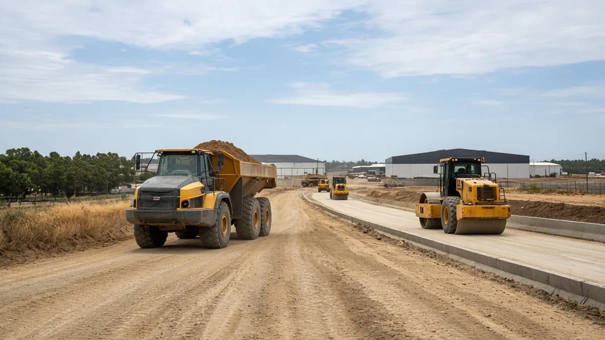 Haul truck and roller on temporary access between NSW industrial workfronts during civil project staging