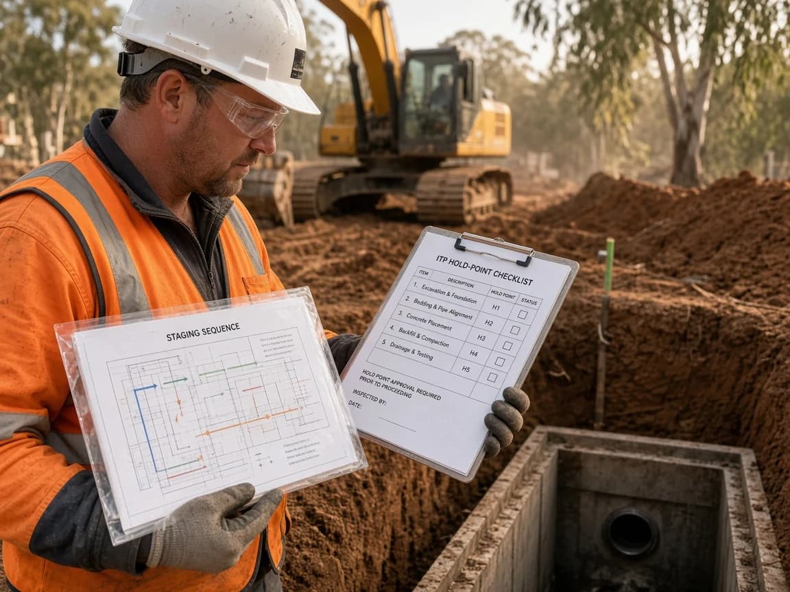 Supervisor reviewing staging sequence and ITP hold-point checklist beside drainage works on a NSW civil site