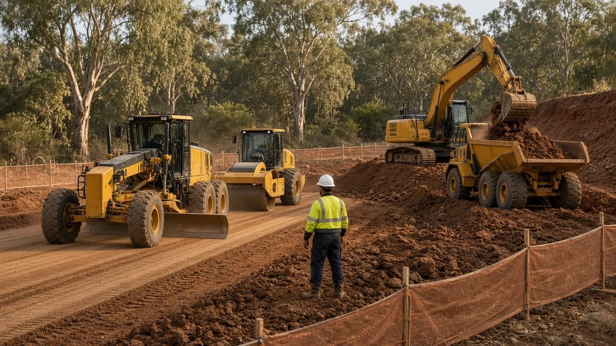 Civil project staging NSW earthworks sequence with grader, roller, and excavator on red-brown Australian formation