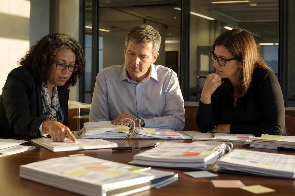 Civil procurement NSW evaluation panel comparing contractor proposal binders under late afternoon office light
