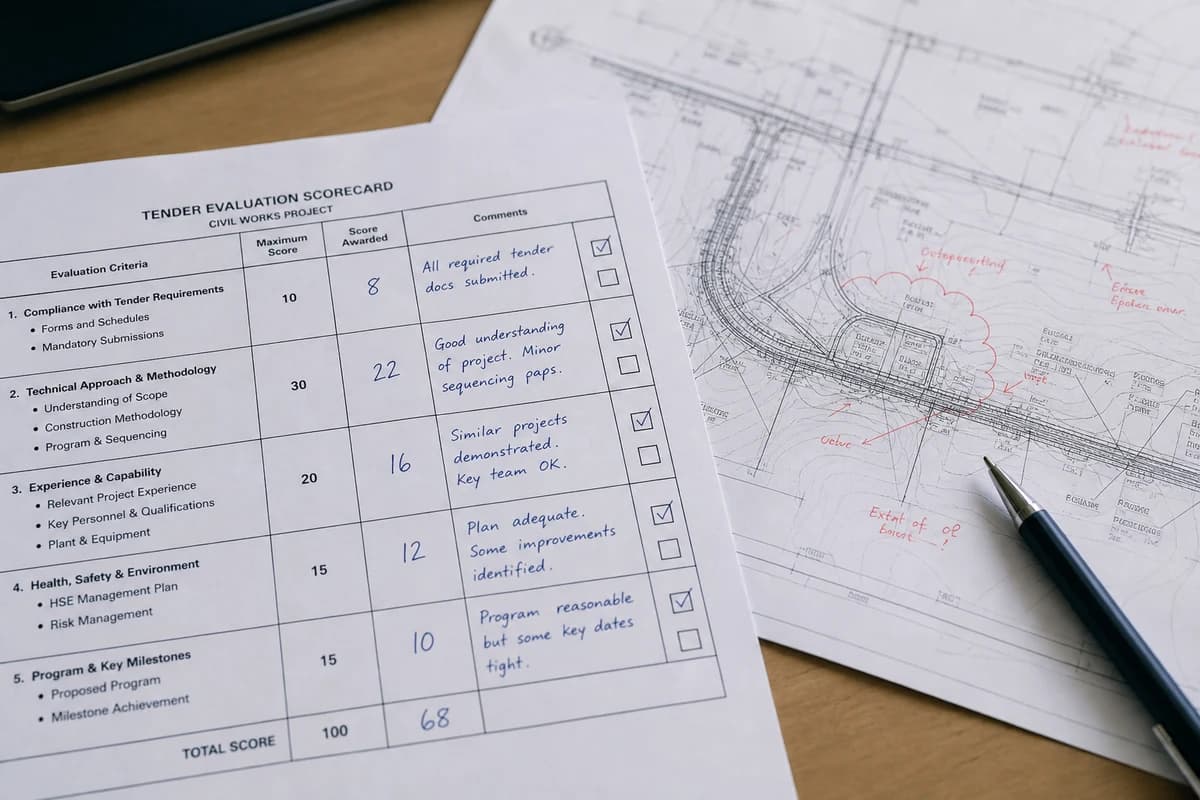 Civil tender evaluation NSW scorecard beside marked-up civil tender requirements on a meeting table