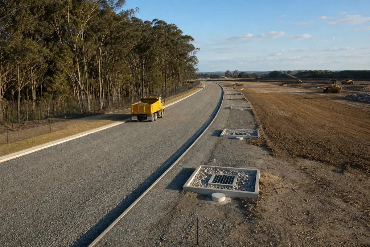 NSW industrial civil corridor ready for handover inspection with drainage pits and gravel access after construction