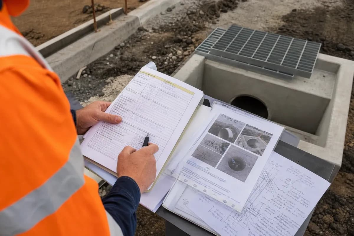 Civil works inspection test plan handover records and photographic evidence beside a stormwater pit on a NSW construction site