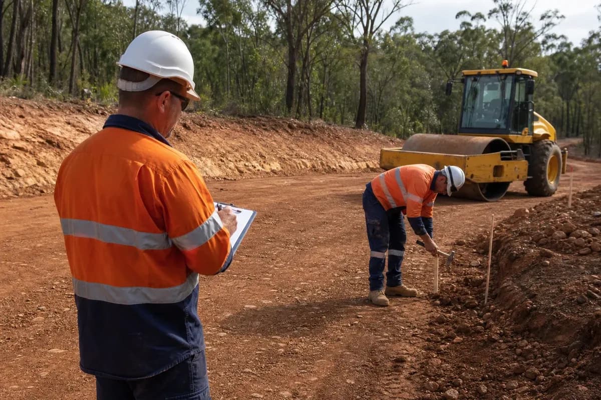 Civil works inspection test plan hold-point inspection on compacted NSW earthworks formation with roller and survey stakes