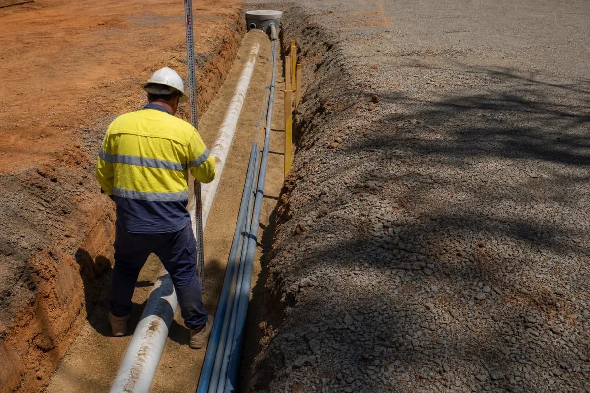 Utility trench with water pipe and conduits at a compacted commercial building pad edge in New South Wales