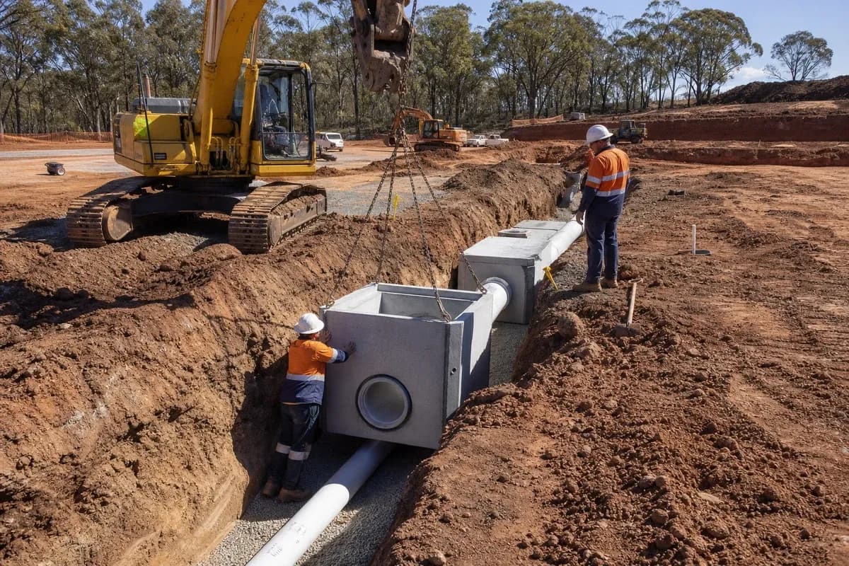 Commercial civil works NSW stormwater pit and pipe installation in a carpark earthworks trench