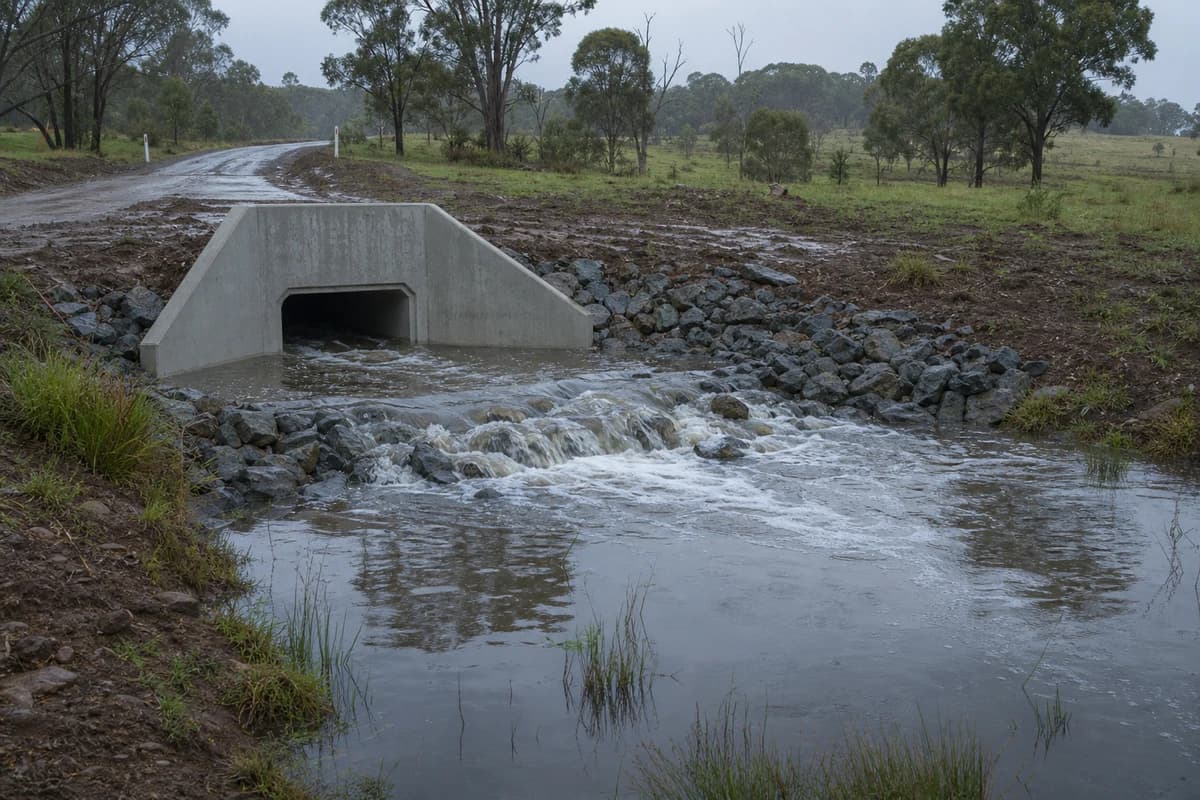 Stormwater drainage NSW access road floodway with completed culvert headwall and riprap after rain