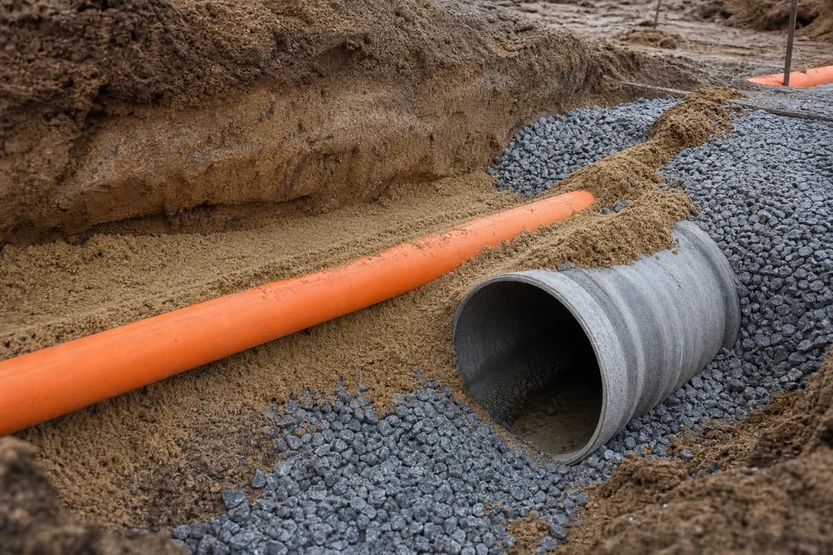 Utility trenching NSW near culvert bedding with conduit and stormwater interface in overcast light