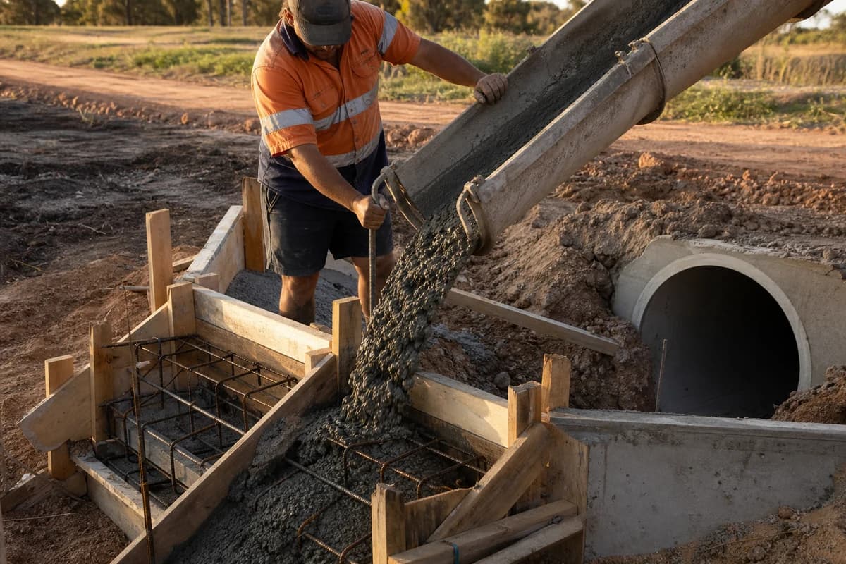 Civil drainage contractor pouring a concrete culvert headwall and wingwall on an NSW access road outlet