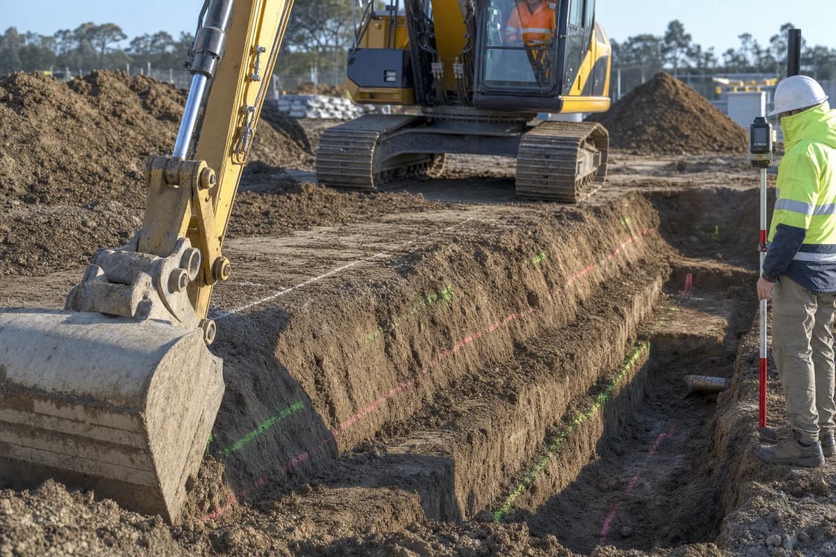 Detailed excavation beside marked utilities and footing outline with excavator under cool morning light