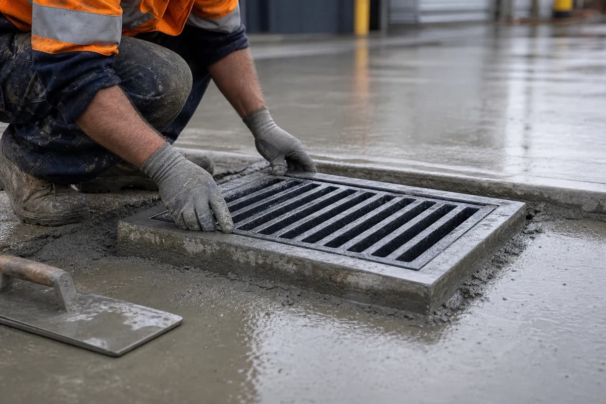 Drainage contractor Wollongong setting a stormwater pit into a wet industrial concrete apron