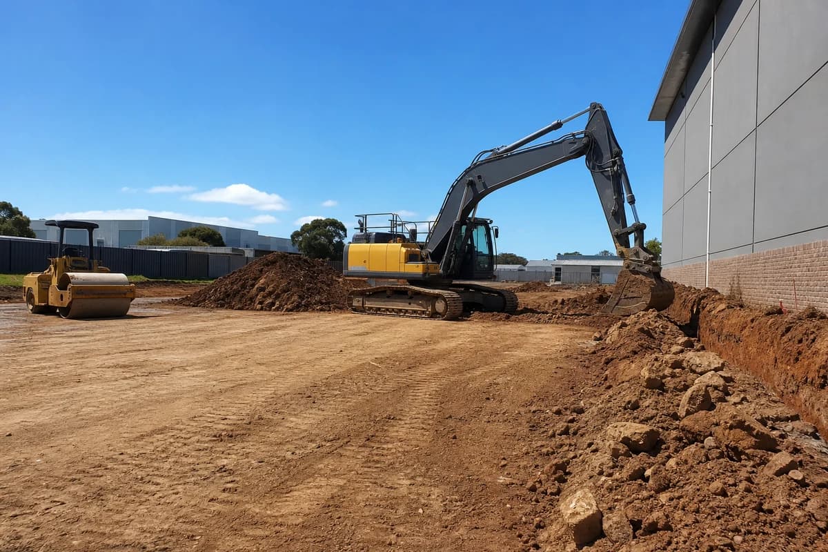 Earthworks contractor Wollongong industrial lot with excavator cutting levels beside a warehouse boundary at midday